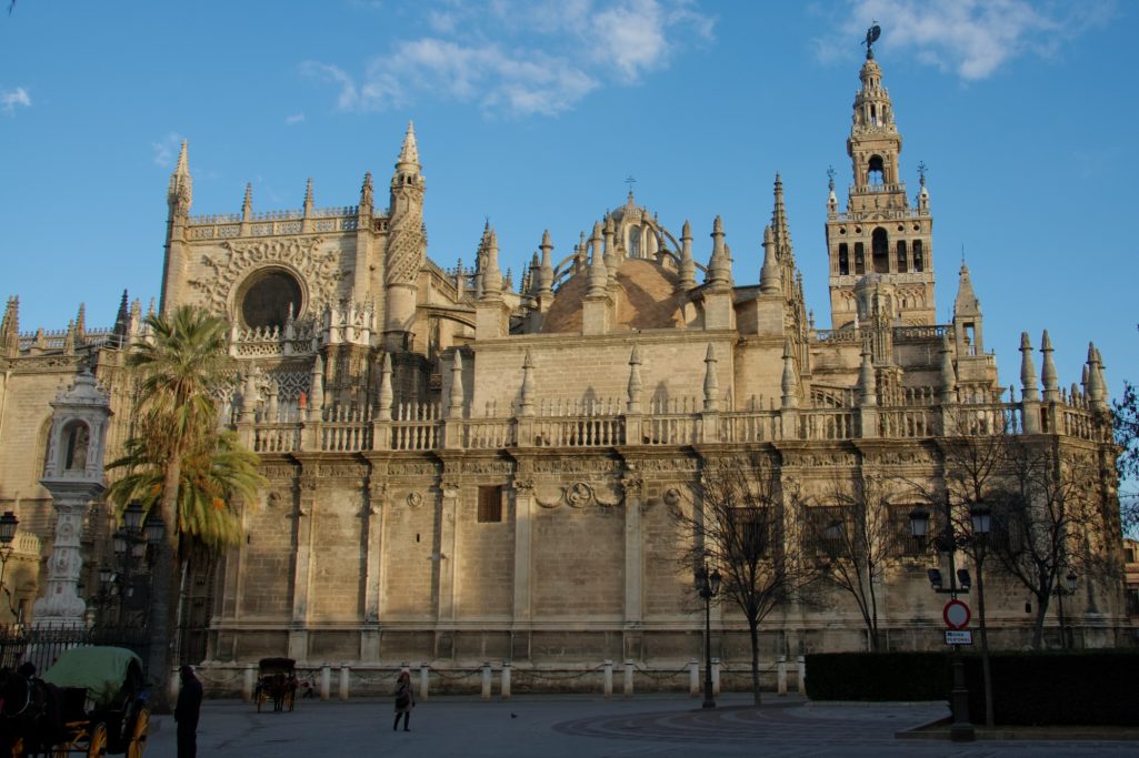 La cathédrale de Séville avec son architecture gothique, entourée d'arbres.