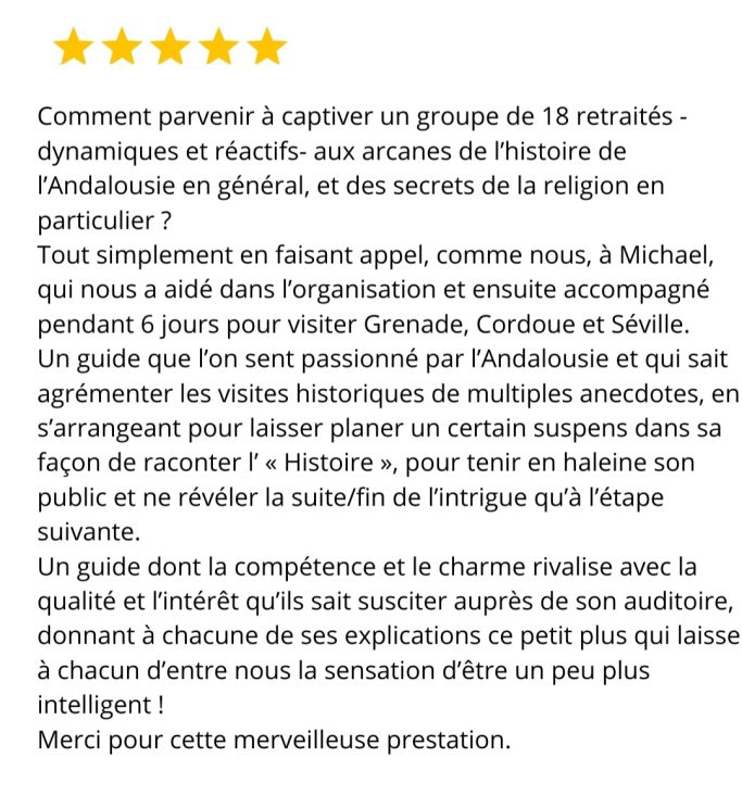 Critique élogieuse d'un groupe de 18 retraits sur l'histoire et la religion en Andalousie.